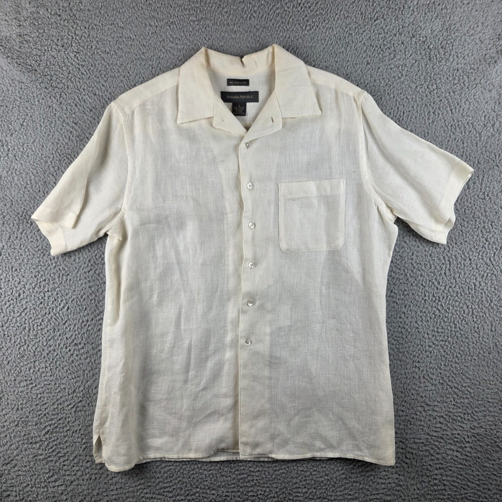 Banana Republic Mens Small Irish Linen Short Sleeve Button Up Shirt Cream‎